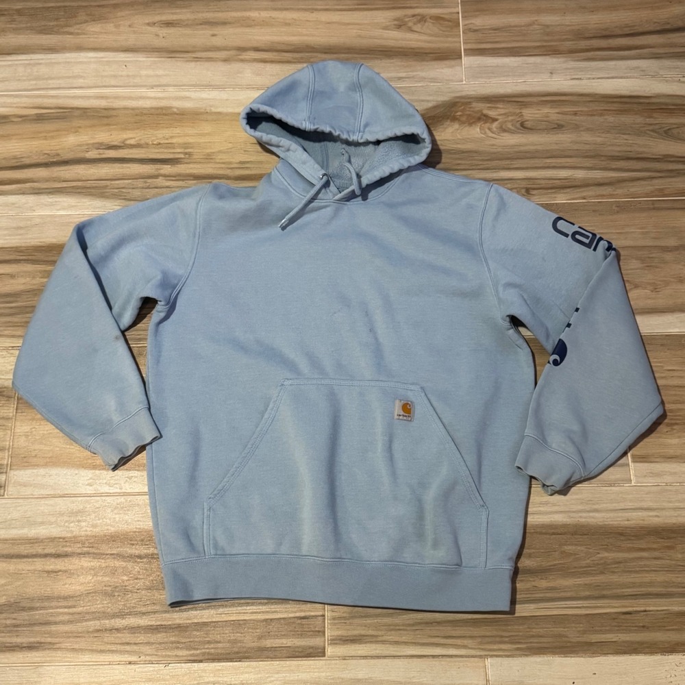 Carhartt Loose Fit Hoodie Light Blue Sleeve Logo Graphic Sweatshirt Mens Large